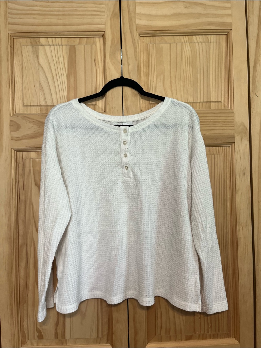 White Waffle Knit Henley Long-Sleeve Top
